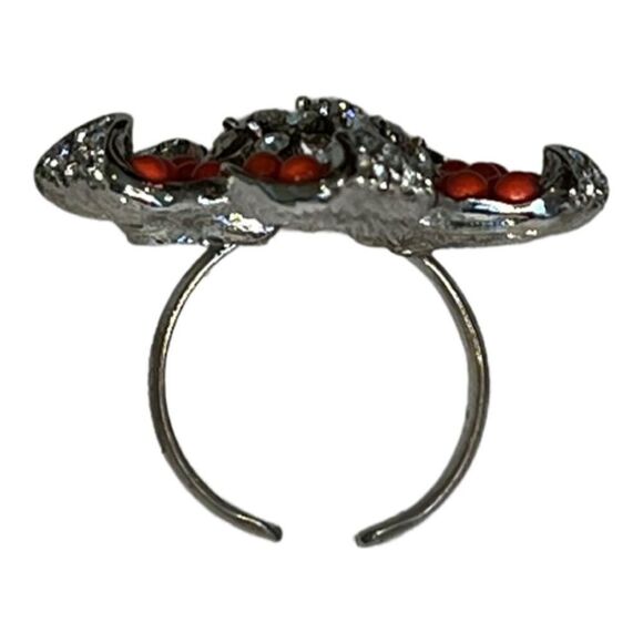 Y2K Orange bead and rhinestone on silver tone large statement ring - Picture 6 of 9